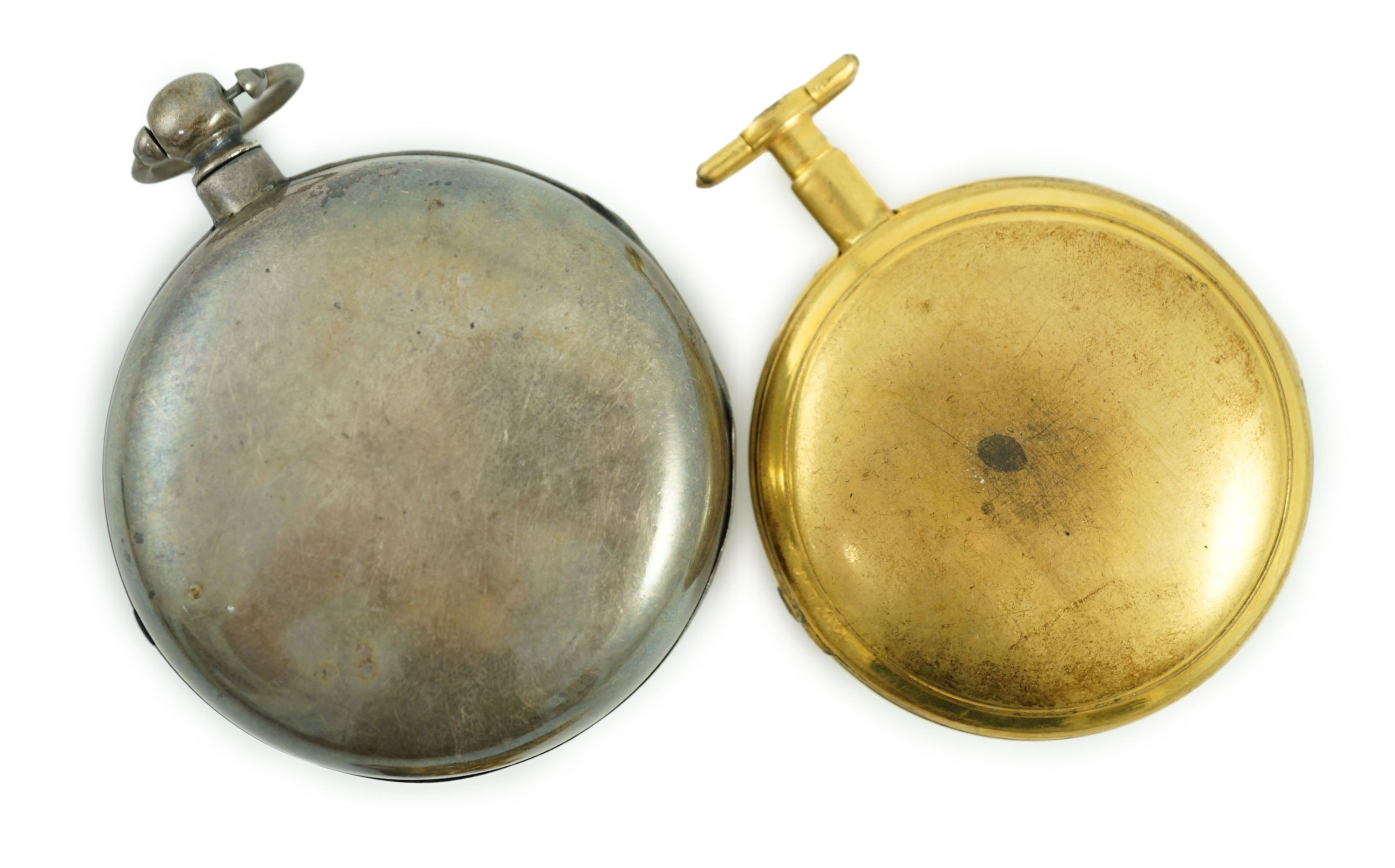 A Victorian silver pair cased pocket watch by Edward Fowle, Westerham and a gilt metal pocket watch missing outer case